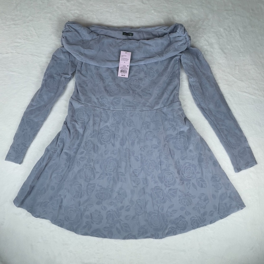 Wild Fable Fit & Flare Holiday Dress Womens Large Blue Long Sleeve Flocked Mini